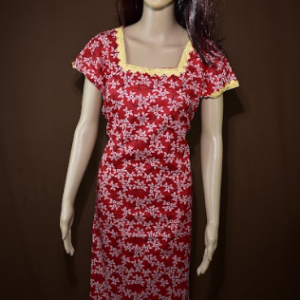 BDROX Cotton Flower Print Square Neck with Lace Red Maxi Nighty