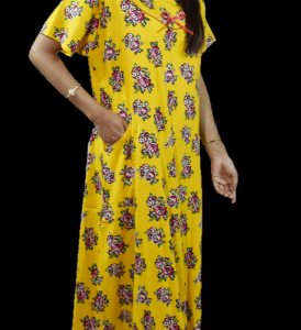 BDROX Cotton Full Ankle Length Maxi Nighty with Yellow Base Colour with Rose_Meesho#Z6tff_75