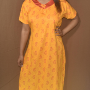 BDROX Cotton V shape Golden Print Yellow Maxi Nighty_MEESHO# 116781782