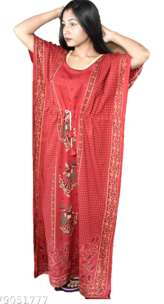 BDROX Gujri Cotton Girl with Basket printed Red Kaftan_BFGNRF00000000598