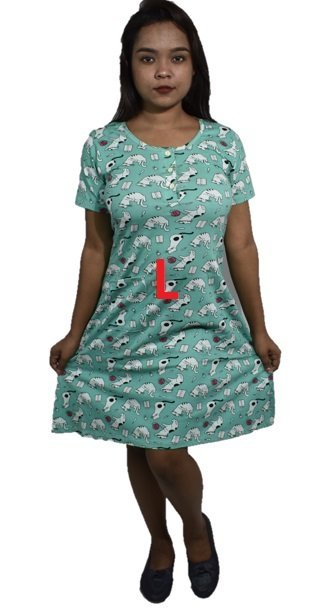 BDROX Hosiery Short Green Nighty with short sleeve with Round Neck and button (L)