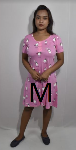 BDROX Hosiery Short White Pink Nighty with short sleeve with Round Neck and button (M Size)