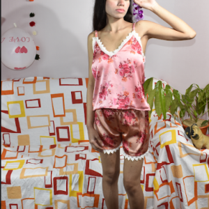 BDROX Pink Sleeveless Spanghetti Strap Contrast Lace Floral Print Satin Cami Night Sleepwear Set