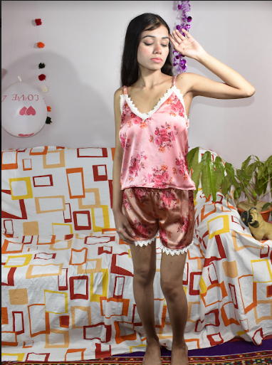 BDROX Pink Sleeveless Spanghetti Strap Contrast Lace Floral Print Satin Cami Night Sleepwear Set