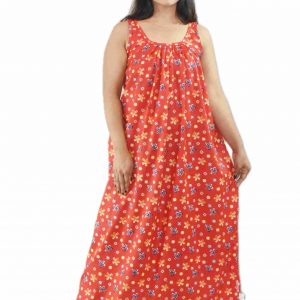 Red Pure Cotton Narrow Sleeve Maxi Nighty
