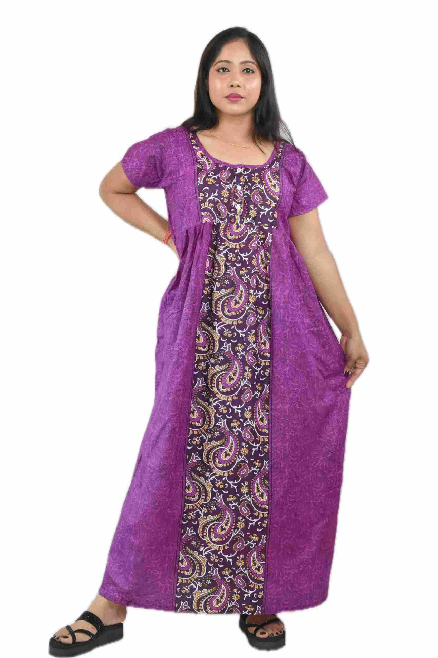 Purple Pure Cotton Round Neck Short Sleeve with Front Button