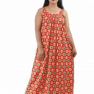 Red Pure Cotton Round Neck Narrow Sleeve Maxi Nighty