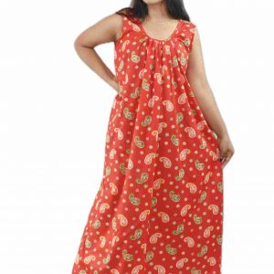 Red Pure Cotton Round Neck Sleeveless Maxi Nighty