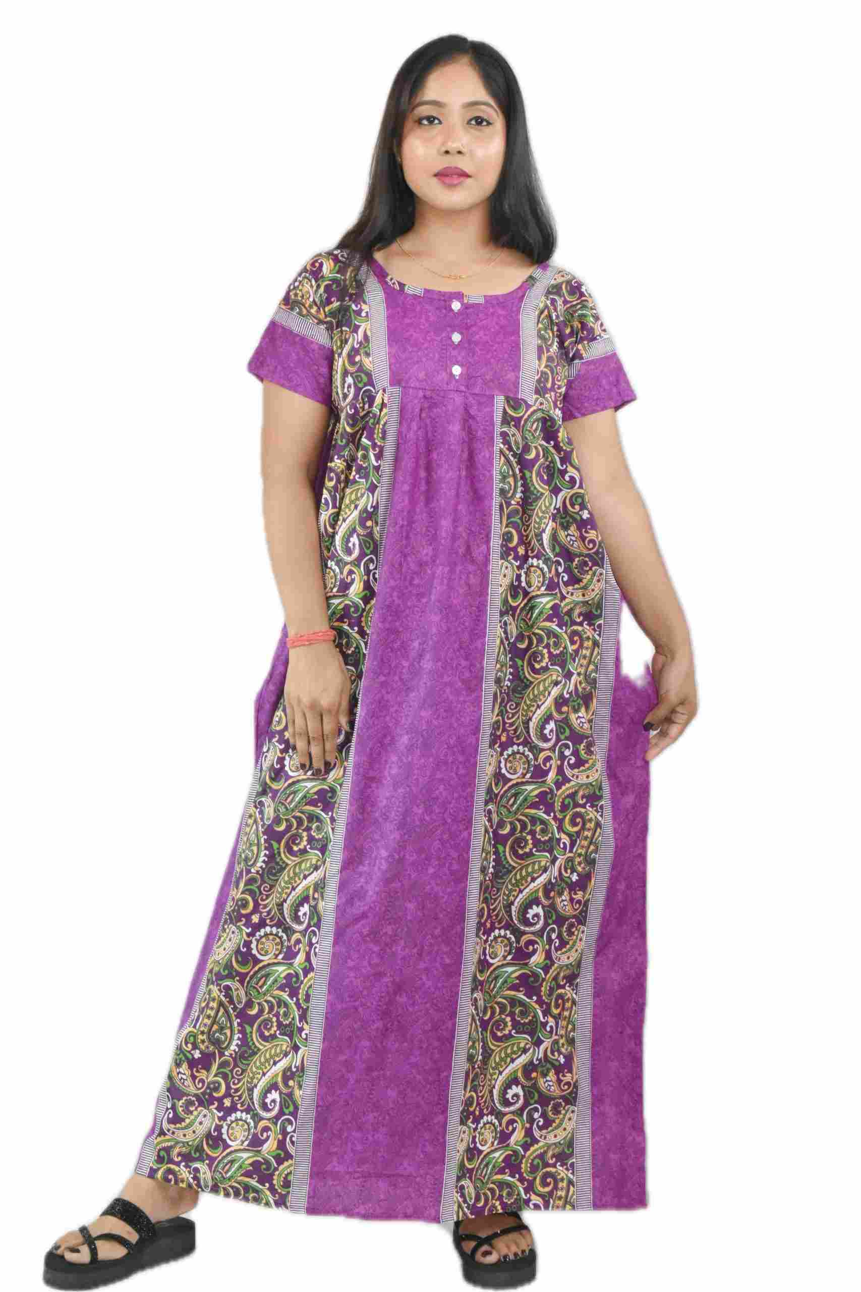 Purple Pure Cotton Round Neck Short Sleeve with Front Button