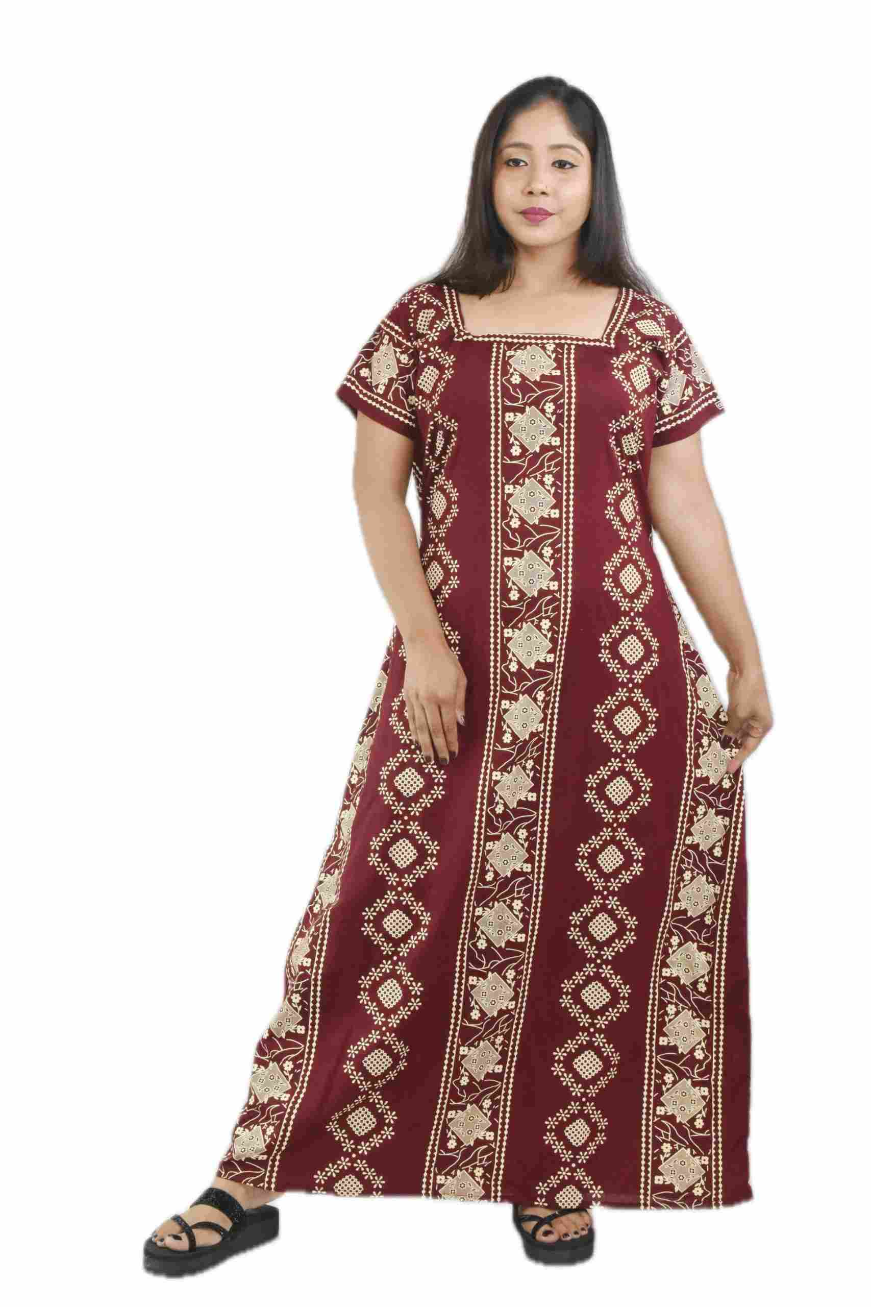 Maroon Square Neck Short Sleeve Alan Maxi Nighty