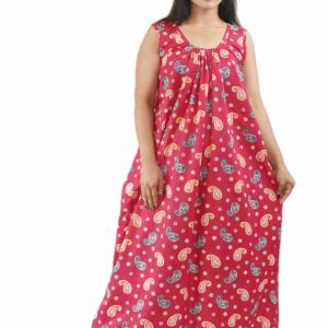 Pink Pure Cotton Round Neck Sleeveless Maxi Nighty