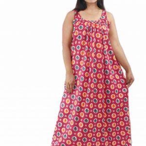 Pink Pure Cotton Round Neck Narrow Sleeve Maxi Nighty