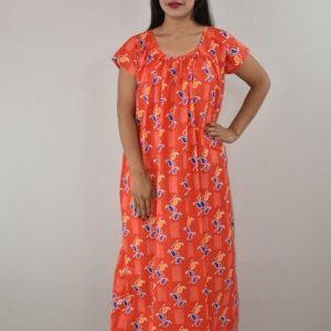 Red Cotton Maxi Nighty Round Neck Short Sleeves