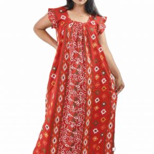 Red Pure Cotton Square Neck Pleated Sleeve