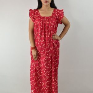 Pink Cotton Maxi Nighty Square Neck Short Sleeves with pleats