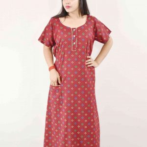 Maroon Cotton Maxi Nighty With Ribbon
