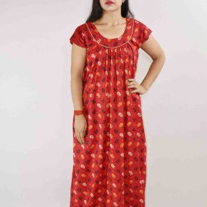 Red Gujri Maxi Nighty With Round Neck Pipien