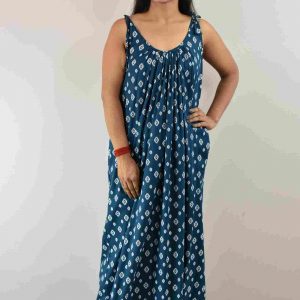 Blue Cotton Maxi Nighty With Ribbon