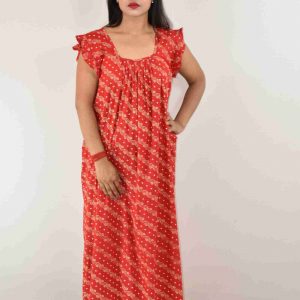 Red Cotton Maxi Nighty Square Neck Short Sleeves with pleats