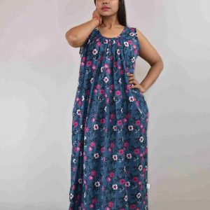 Light Blue With Flower Cotton Maxi Nighty