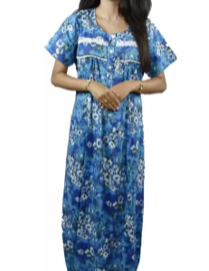 BDROX Cotton Deep Blue Color Free Size Flower Printed Maxi Nighty meesho_ X0eRQ9MN