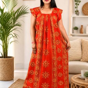 Red Procian Square Neck pleat Nighty