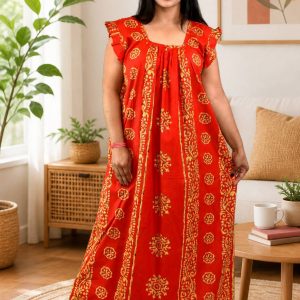 Red Procian Square Neck pleat Nighty