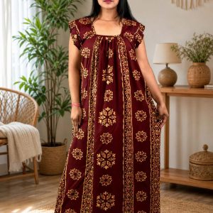 Maroon Procian Square Neck pleat Nighty