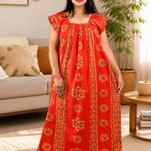 Red Procian Square Neck pleat Nighty