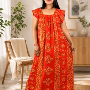Red Procian Square Neck pleat Nighty