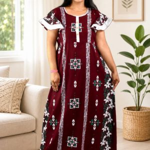 BDROX Maroon Cotton Maxi Nighty Round Neck Butterfly Sleeves