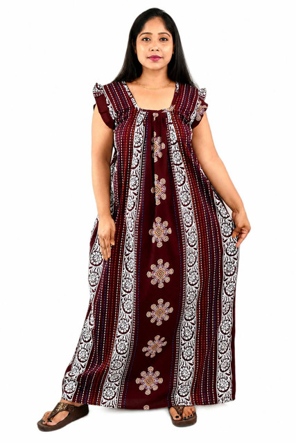 Maroon Rajwadi Square Neck pleat Nighty