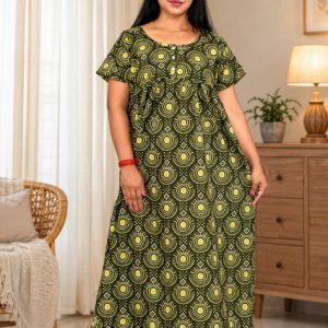 Green Procian Round Neck Front Button Short Sleeve Nighty