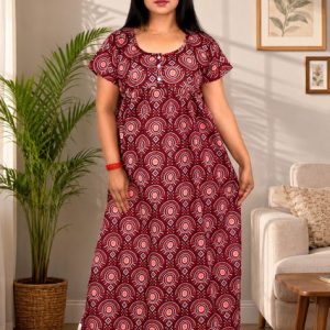 Maroon Procian Round Neck Front Button Short Sleeve Nighty