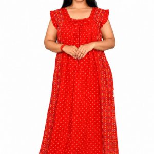 Red Rajwadi Square Neck pleat Nighty