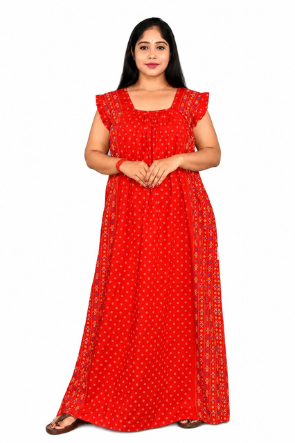 Red Rajwadi Square Neck pleat Nighty