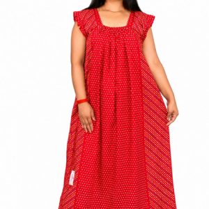 Red Rajwadi Square Neck pleat Nighty