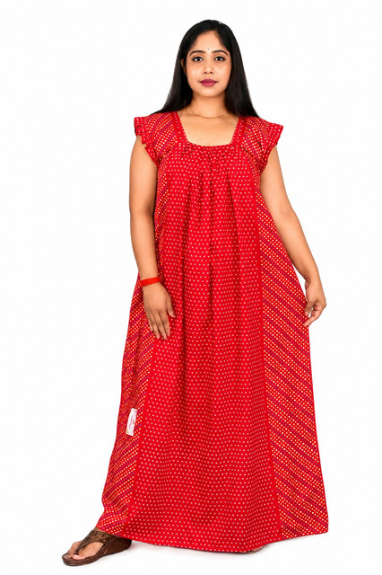 Red Rajwadi Square Neck pleat Nighty