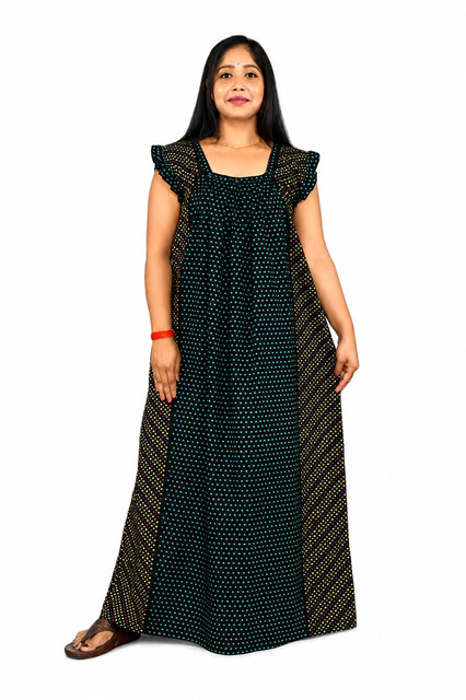 Green Rajwadi Square Neck pleat Nighty