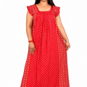 Red Rajwadi Square Neck pleat Nighty