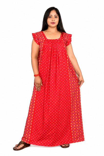 Red Rajwadi Square Neck pleat Nighty