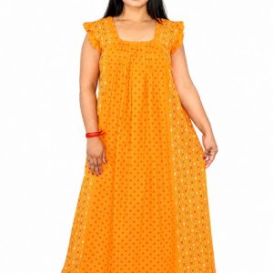 Yellow Rajwadi Square Neck pleat Nighty