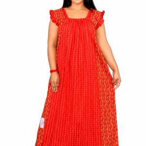 Red Rajwadi Square Neck pleat Nighty