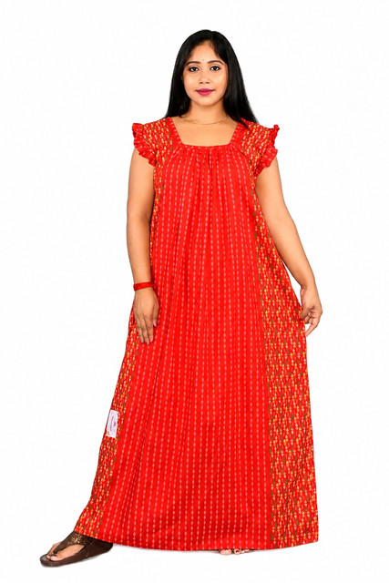 Red Rajwadi Square Neck pleat Nighty