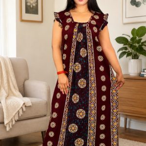Maroon Rajwadi Square Neck pleat Nighty