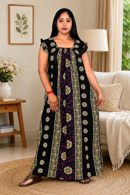 Navy Blue Rajwadi Square Neck pleat Nighty