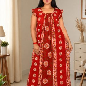 Red Rajwadi Square Neck pleat Nighty