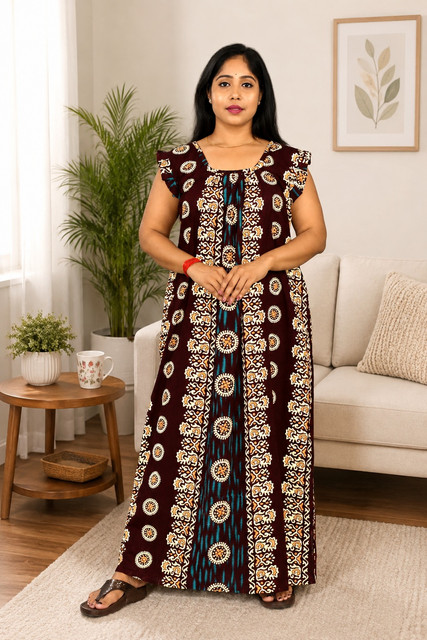 Maroon Rajwadi Square Neck pleat Nighty