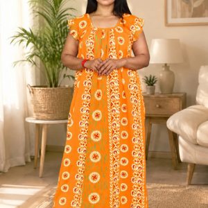 Yellow Rajwadi Square Neck pleat Nighty