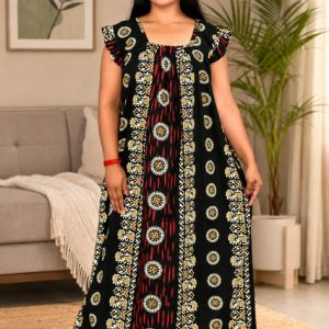 Black Rajwadi Square Neck pleat Nighty